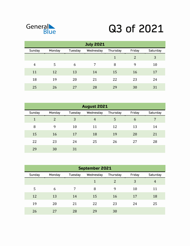 Printable Quarterly Calendar (Q3 2021)