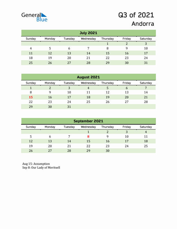 Quarterly Calendar 2021 with Andorra Holidays