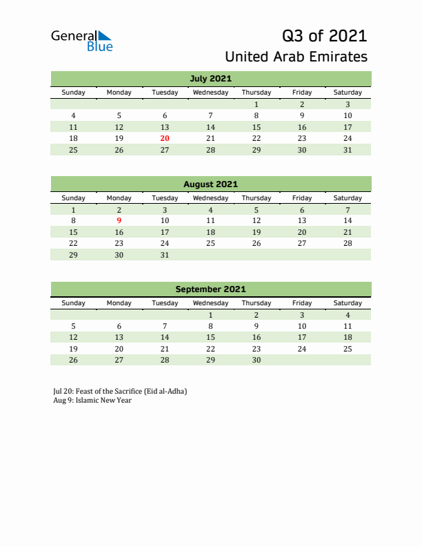 Quarterly Calendar 2021 with United Arab Emirates Holidays