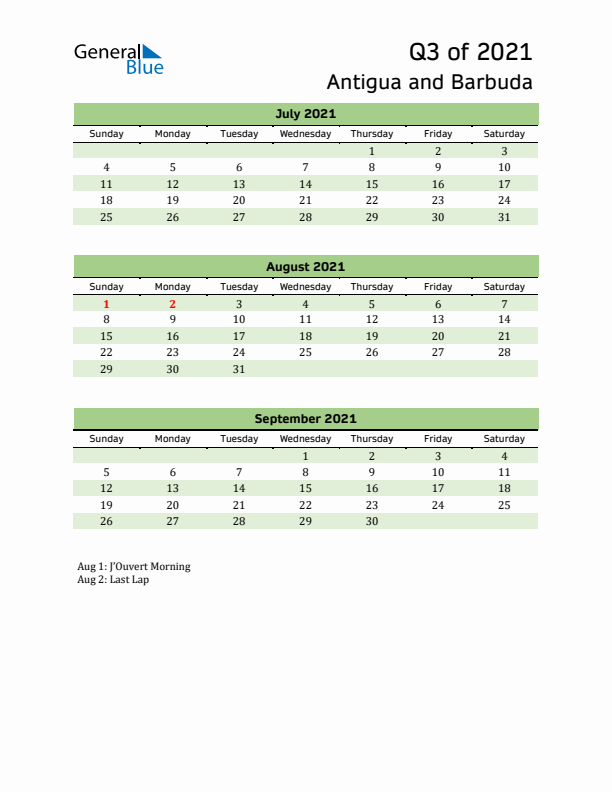 Quarterly Calendar 2021 with Antigua and Barbuda Holidays