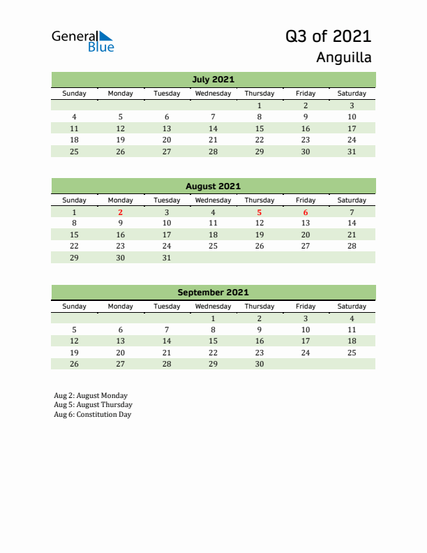 Quarterly Calendar 2021 with Anguilla Holidays