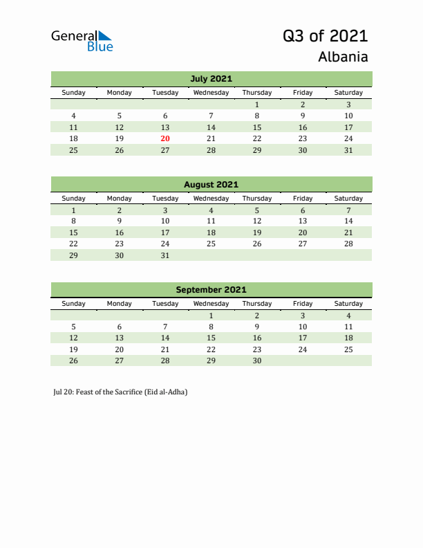 Quarterly Calendar 2021 with Albania Holidays