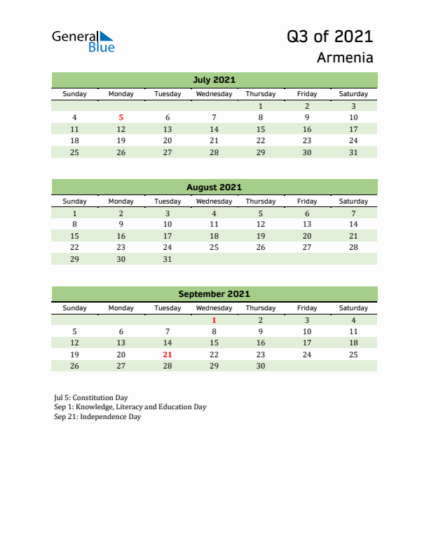 Quarterly Calendar 2021 with Armenia Holidays