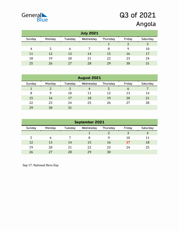 Quarterly Calendar 2021 with Angola Holidays