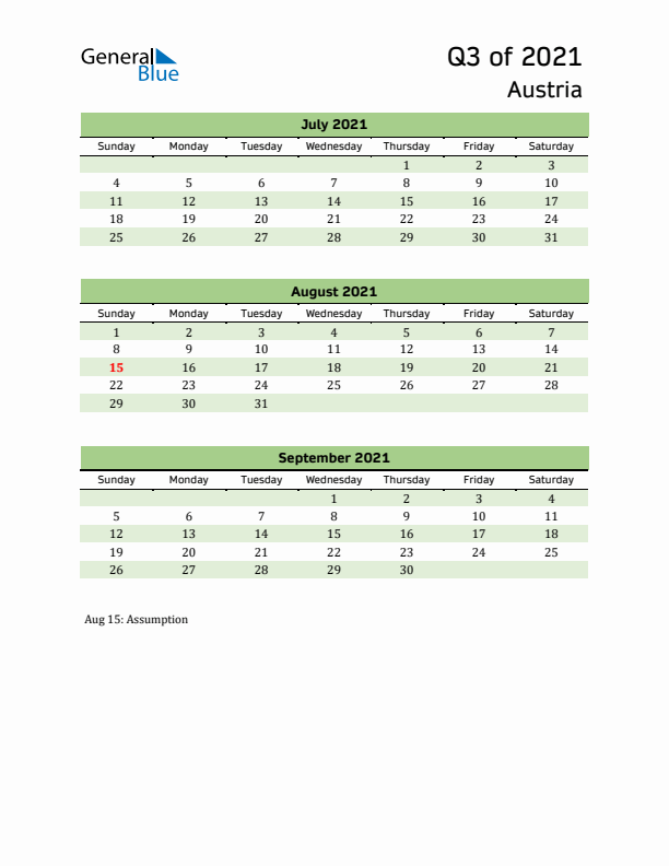 Quarterly Calendar 2021 with Austria Holidays