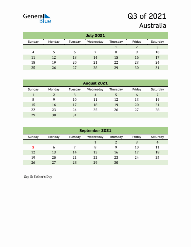 Quarterly Calendar 2021 with Australia Holidays