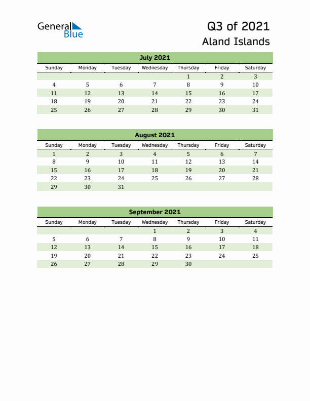 Quarterly Calendar 2021 with Aland Islands Holidays