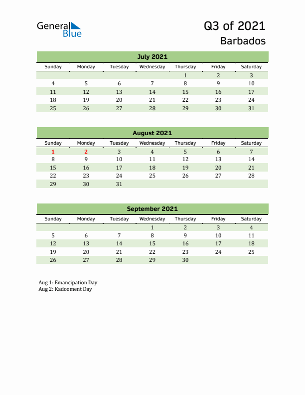 Quarterly Calendar 2021 with Barbados Holidays