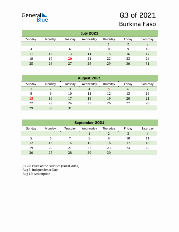 Quarterly Calendar 2021 with Burkina Faso Holidays