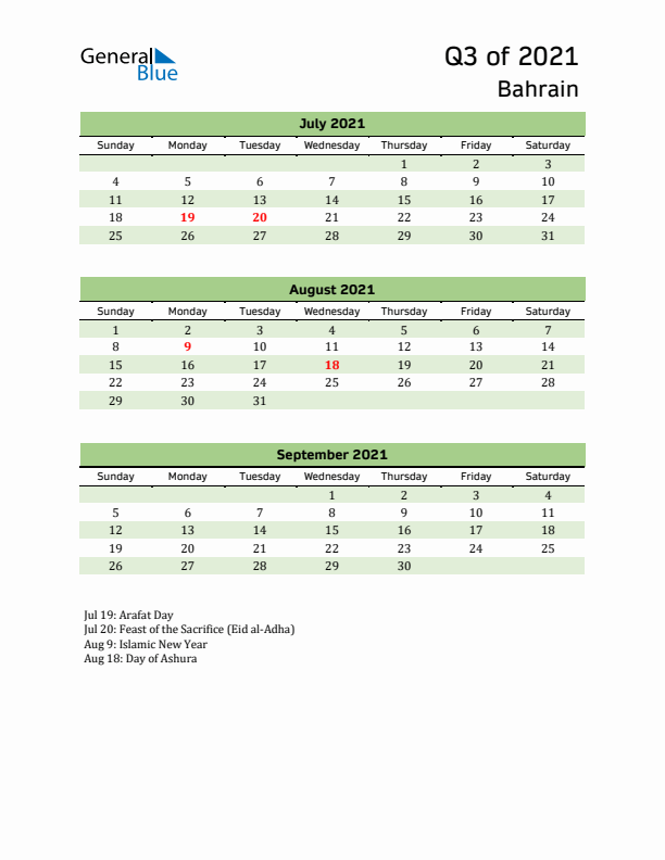 Quarterly Calendar 2021 with Bahrain Holidays