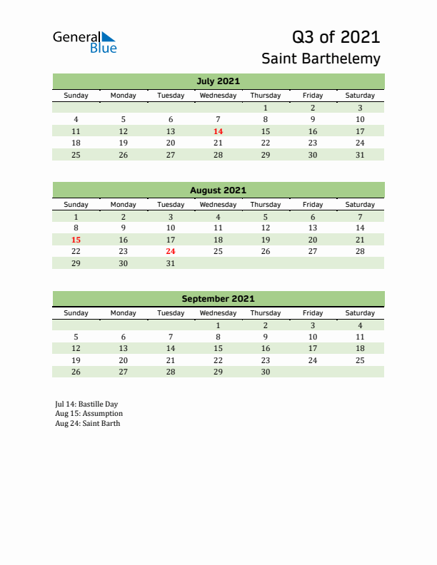 Quarterly Calendar 2021 with Saint Barthelemy Holidays