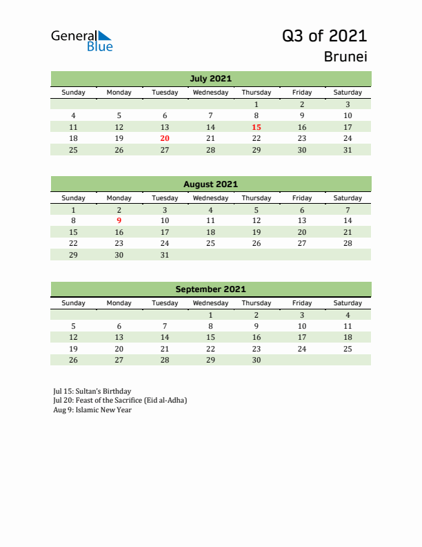 Quarterly Calendar 2021 with Brunei Holidays