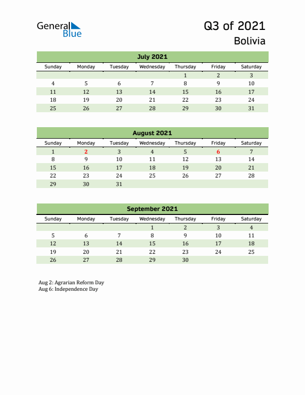 Quarterly Calendar 2021 with Bolivia Holidays