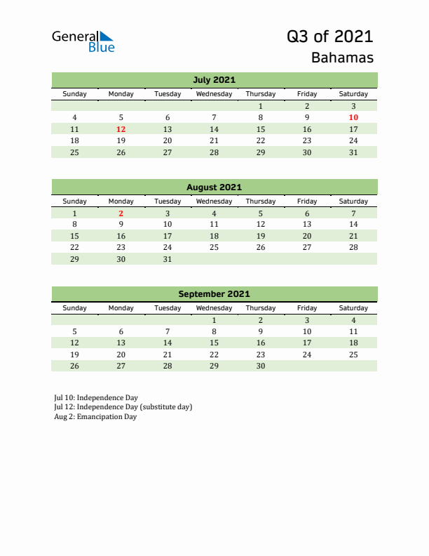 Quarterly Calendar 2021 with Bahamas Holidays