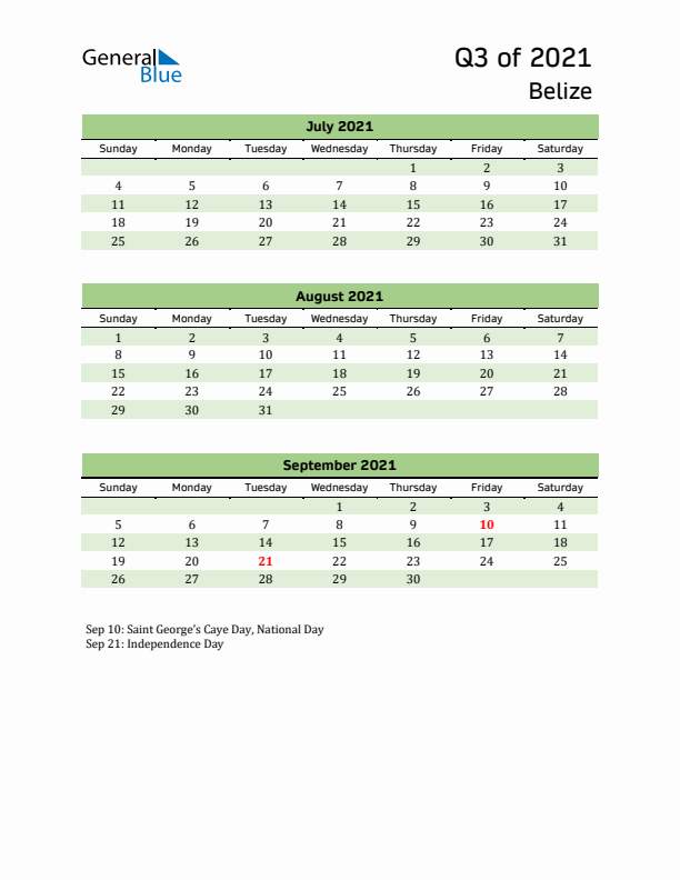 Quarterly Calendar 2021 with Belize Holidays