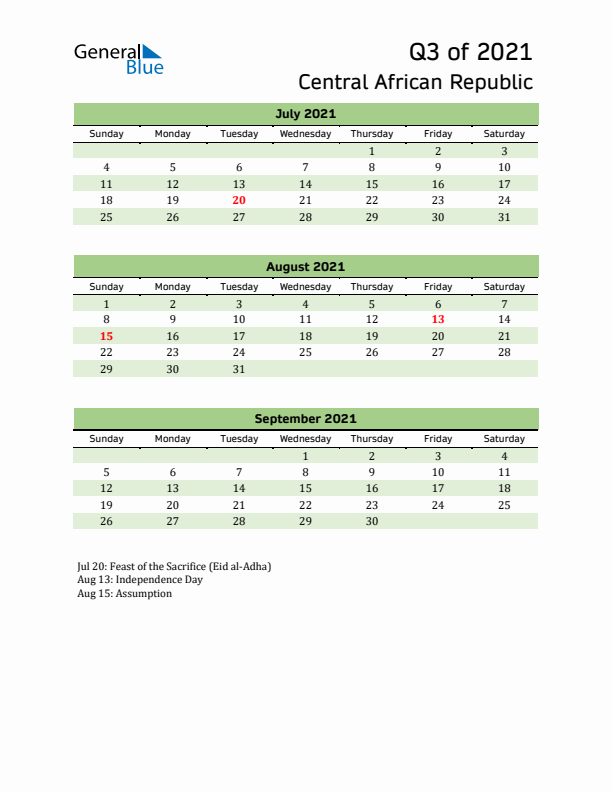 Quarterly Calendar 2021 with Central African Republic Holidays