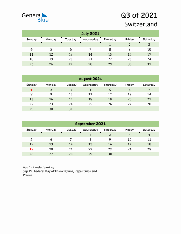 Quarterly Calendar 2021 with Switzerland Holidays