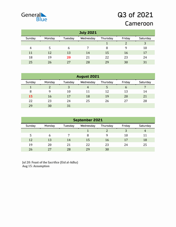 Quarterly Calendar 2021 with Cameroon Holidays