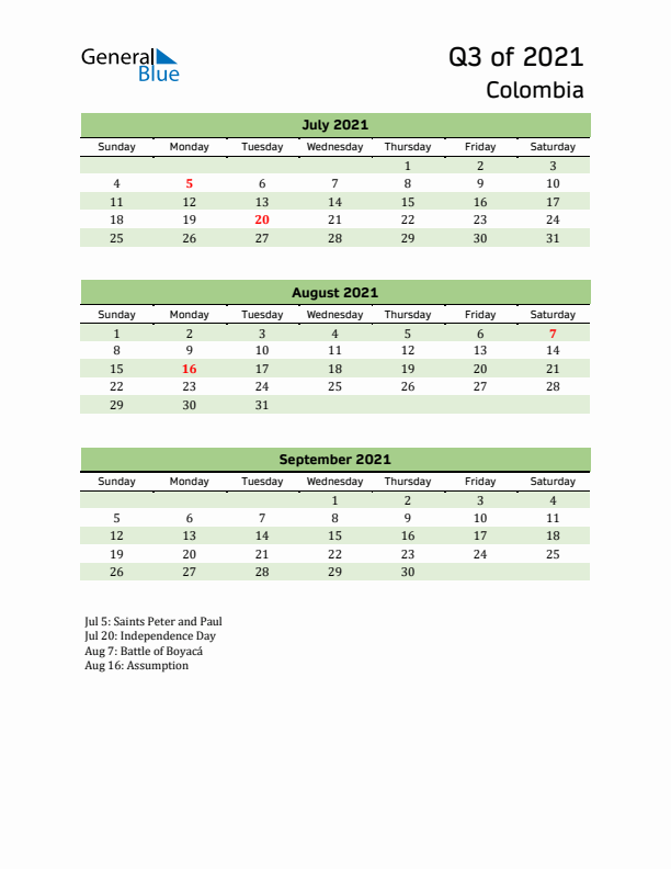 Quarterly Calendar 2021 with Colombia Holidays