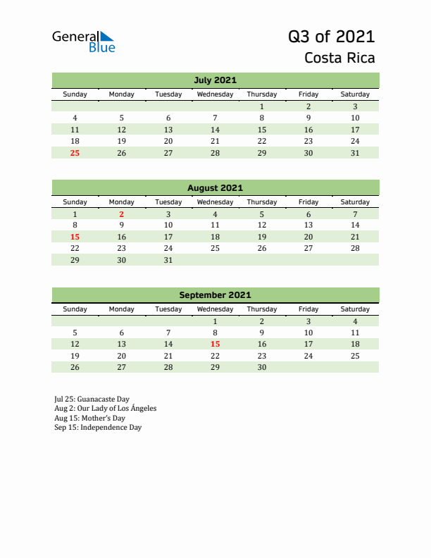 Quarterly Calendar 2021 with Costa Rica Holidays