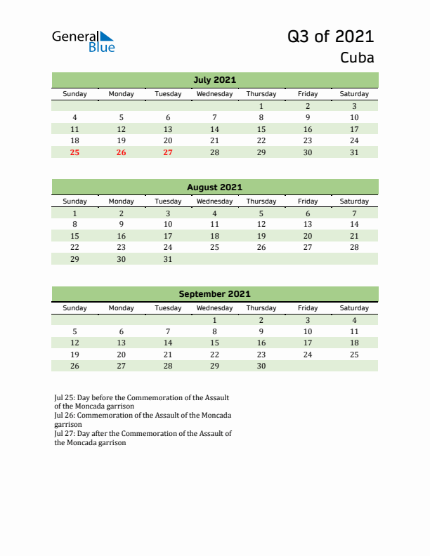 Quarterly Calendar 2021 with Cuba Holidays