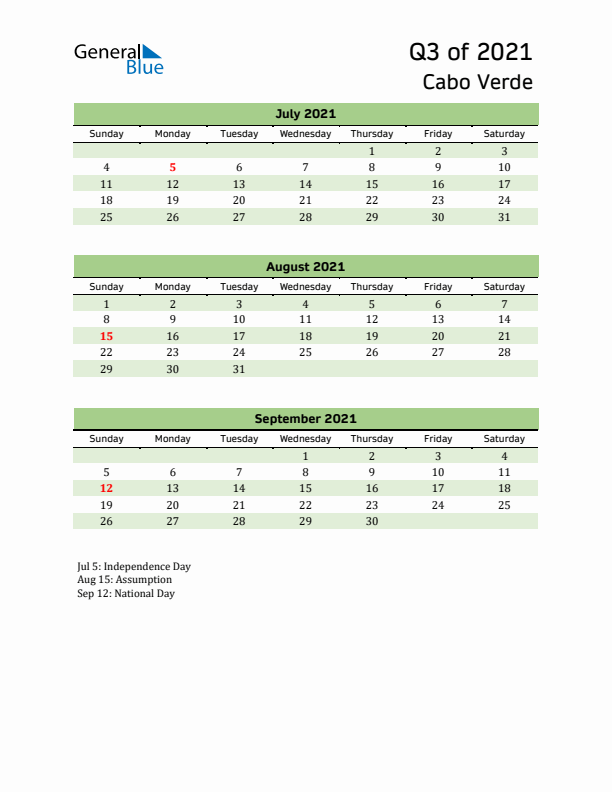 Quarterly Calendar 2021 with Cabo Verde Holidays