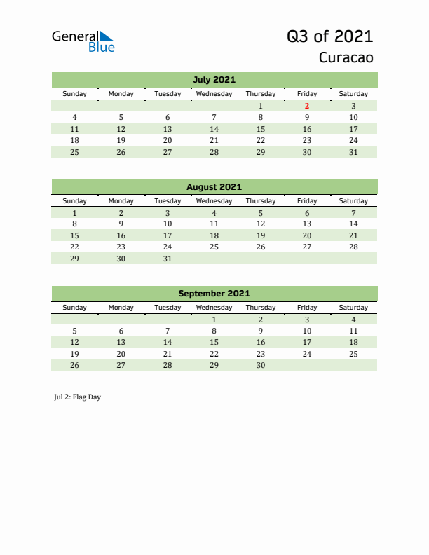 Quarterly Calendar 2021 with Curacao Holidays