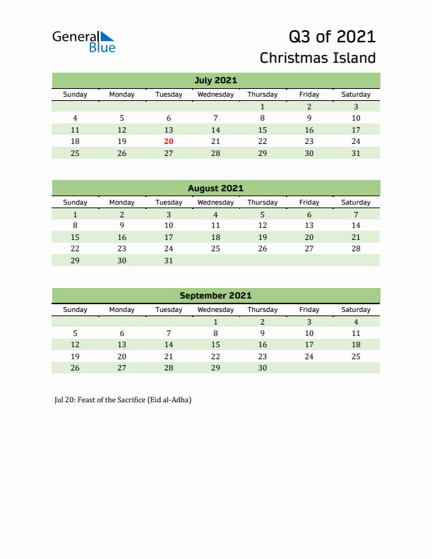 Quarterly Calendar 2021 with Christmas Island Holidays