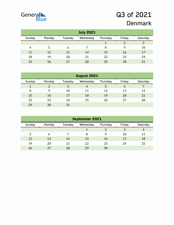 Quarterly Calendar 2021 with Denmark Holidays