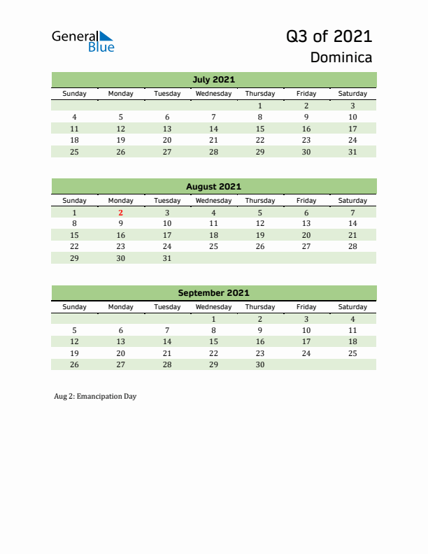 Quarterly Calendar 2021 with Dominica Holidays