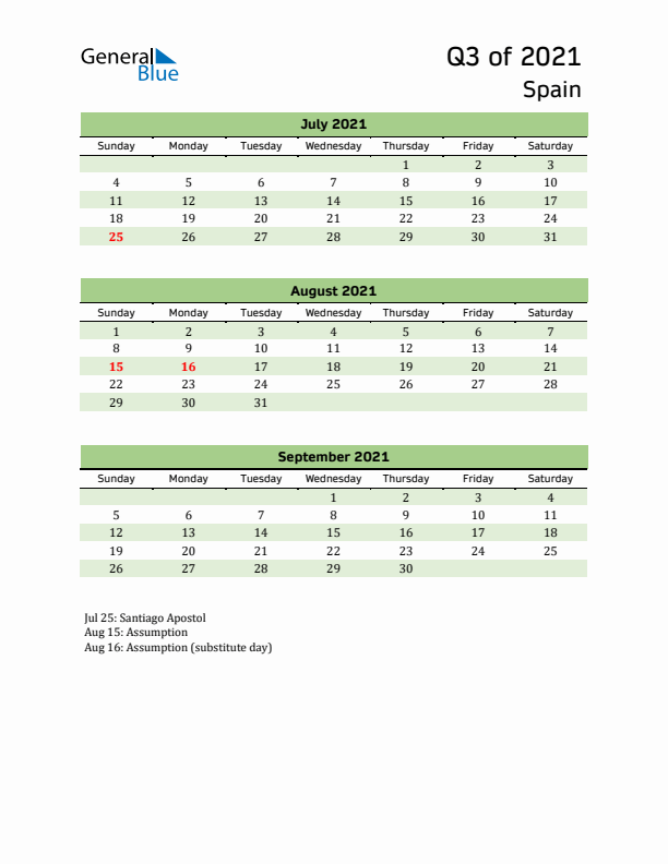 Quarterly Calendar 2021 with Spain Holidays