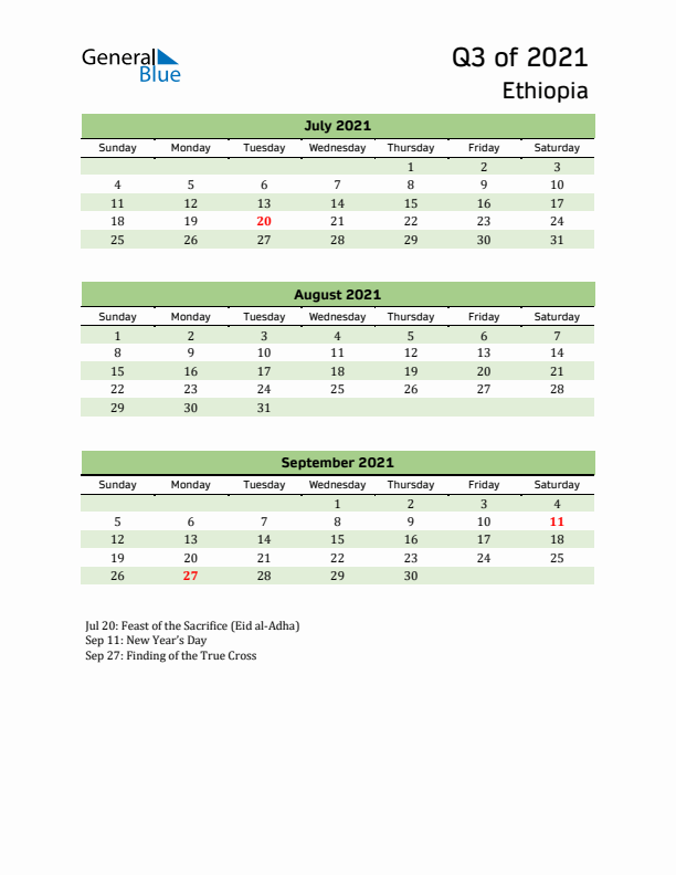 Quarterly Calendar 2021 with Ethiopia Holidays