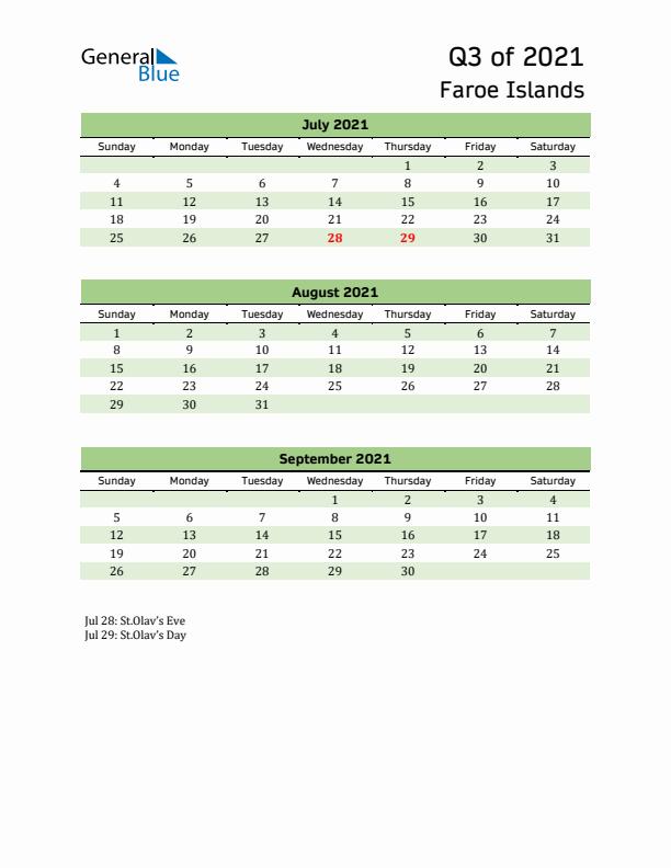 Quarterly Calendar 2021 with Faroe Islands Holidays