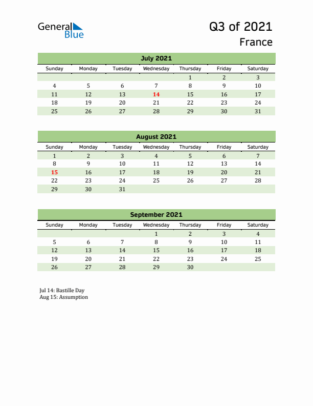 Quarterly Calendar 2021 with France Holidays