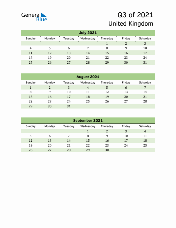 Quarterly Calendar 2021 with United Kingdom Holidays