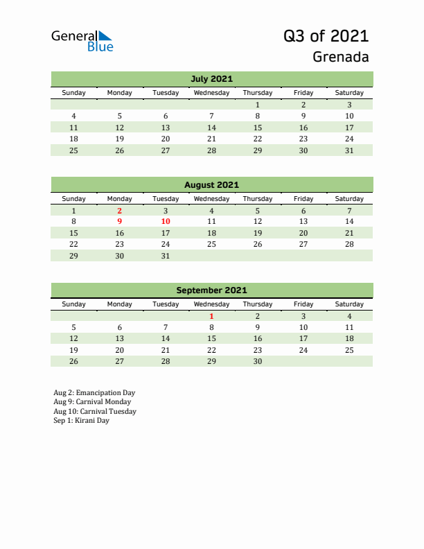 Quarterly Calendar 2021 with Grenada Holidays