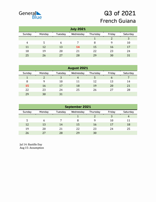 Quarterly Calendar 2021 with French Guiana Holidays