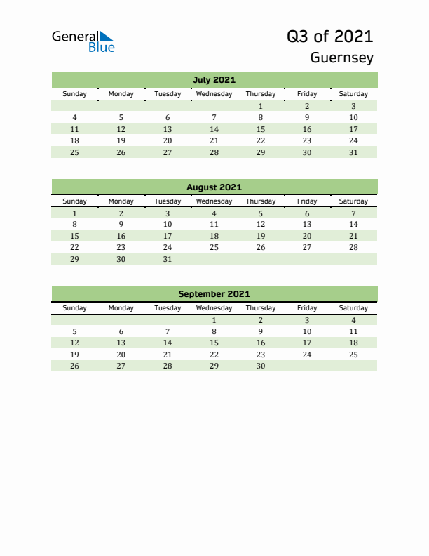 Quarterly Calendar 2021 with Guernsey Holidays