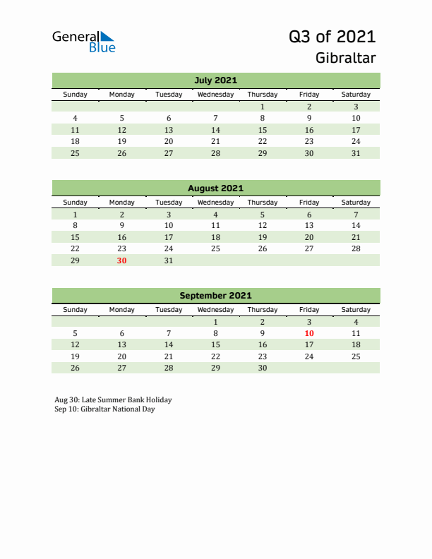 Quarterly Calendar 2021 with Gibraltar Holidays