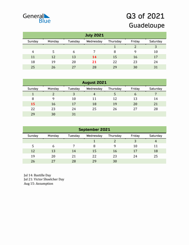 Quarterly Calendar 2021 with Guadeloupe Holidays