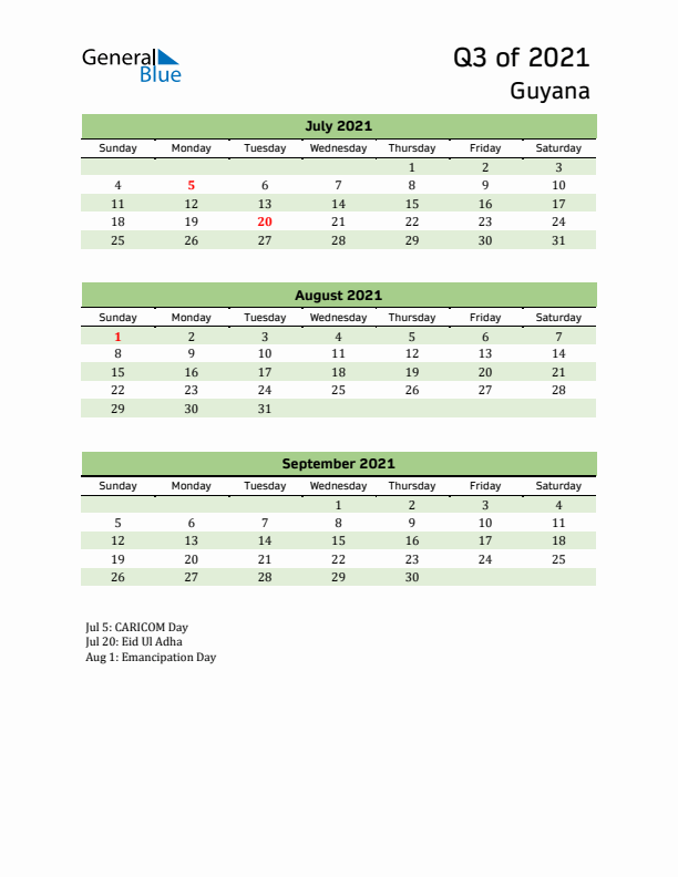 Quarterly Calendar 2021 with Guyana Holidays