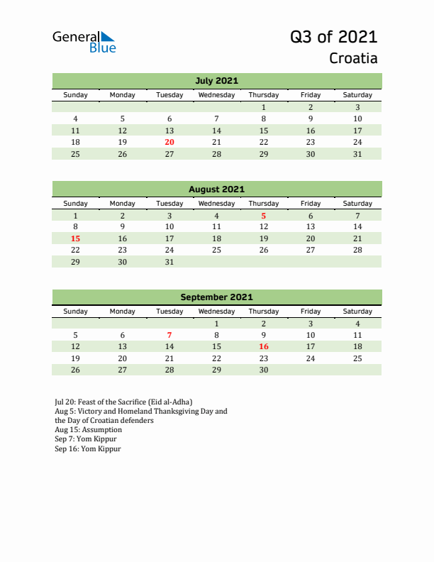 Quarterly Calendar 2021 with Croatia Holidays