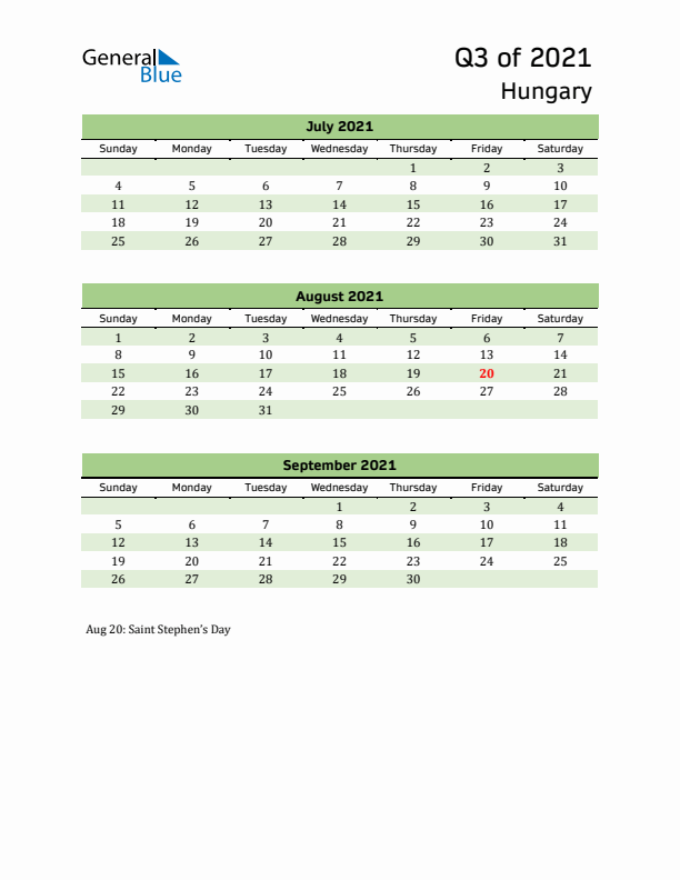 Quarterly Calendar 2021 with Hungary Holidays