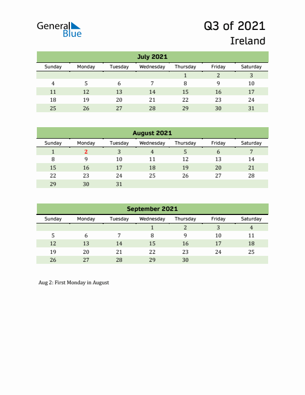 Quarterly Calendar 2021 with Ireland Holidays