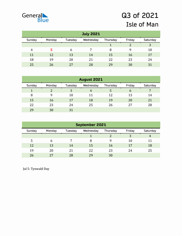 Quarterly Calendar 2021 with Isle of Man Holidays