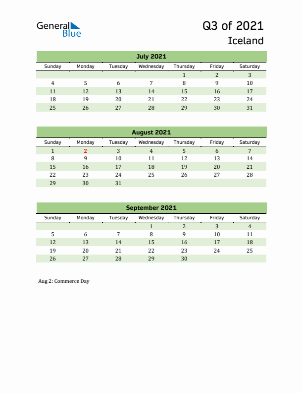 Quarterly Calendar 2021 with Iceland Holidays