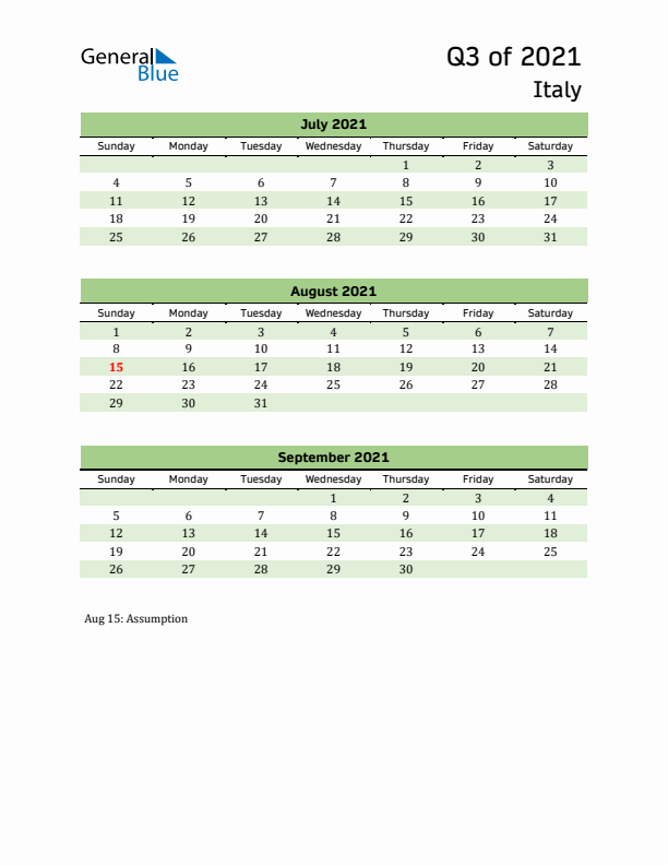 Quarterly Calendar 2021 with Italy Holidays