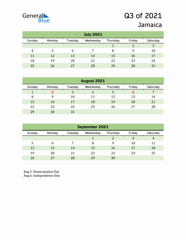 Quarterly Calendar 2021 with Jamaica Holidays