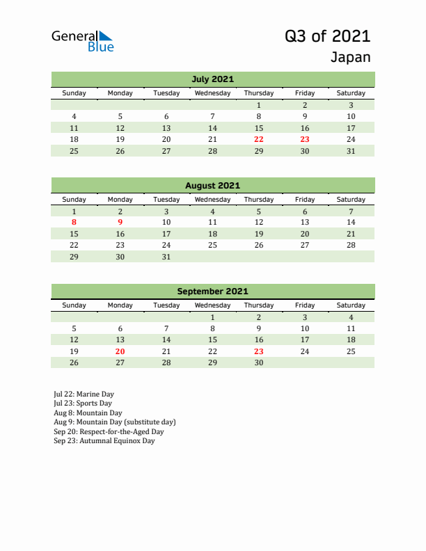 Quarterly Calendar 2021 with Japan Holidays