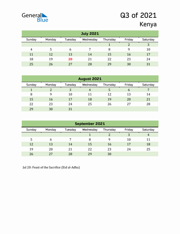 Quarterly Calendar 2021 with Kenya Holidays